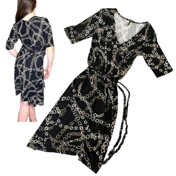 Daisy Fuentes Womens Small Chain DRESS Black Taupe White Belt V Neck Mob Wife - Picture 1 of 10